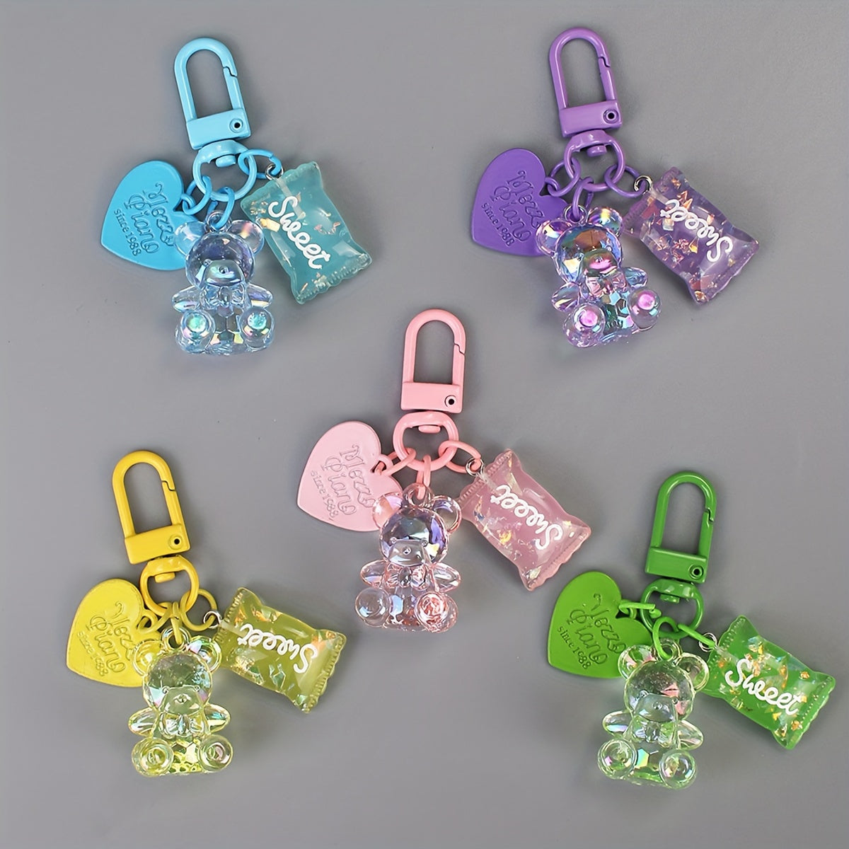 Chic Acrylic Bear & Heart Keychain Set with Ring - Candy-Themed Bag Charms, Perfect for Women's Fashion, Student Backpacks & Christmas Decor
